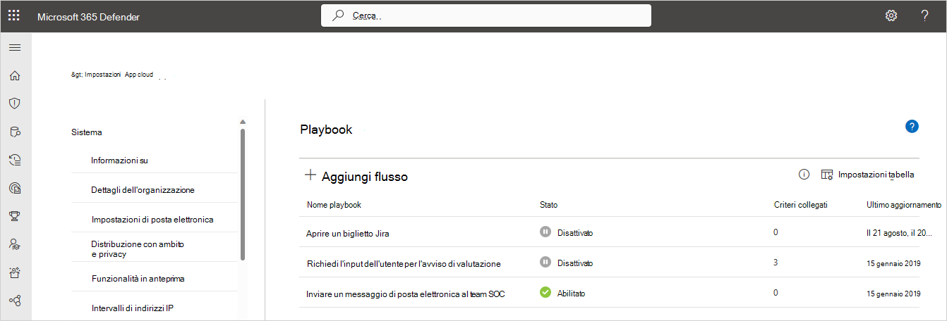 Screenshot delle impostazioni del portale Microsoft Defender, delle app cloud, del sistema, della pagina Playbook che elencano i playbook disponibili.