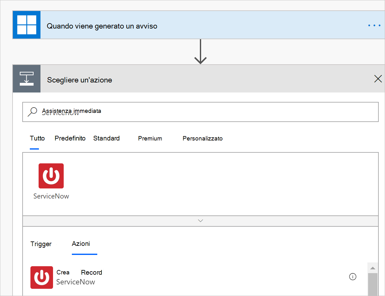 Screenshot del flusso di lavoro Power Automate che mostra il trigger di avviso e l'azione del connettore ServiceNow configurata.
