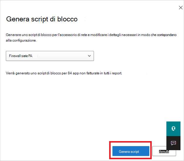 Screenshot del pulsante Genera script usato per creare uno script di blocco per tutte le app non approvate.