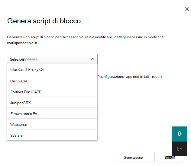Schermata della finestra di dialogo Genera script di blocco che mostra l'opzione per selezionare l'appliance in modo da generare uno script di blocco.