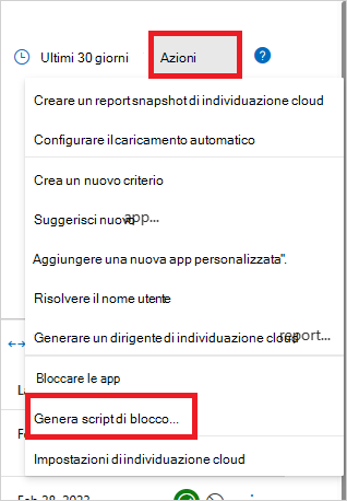 Schermata dell'opzione Genera script di blocco nel menu Azioni di Microsoft Defender for Cloud Apps.