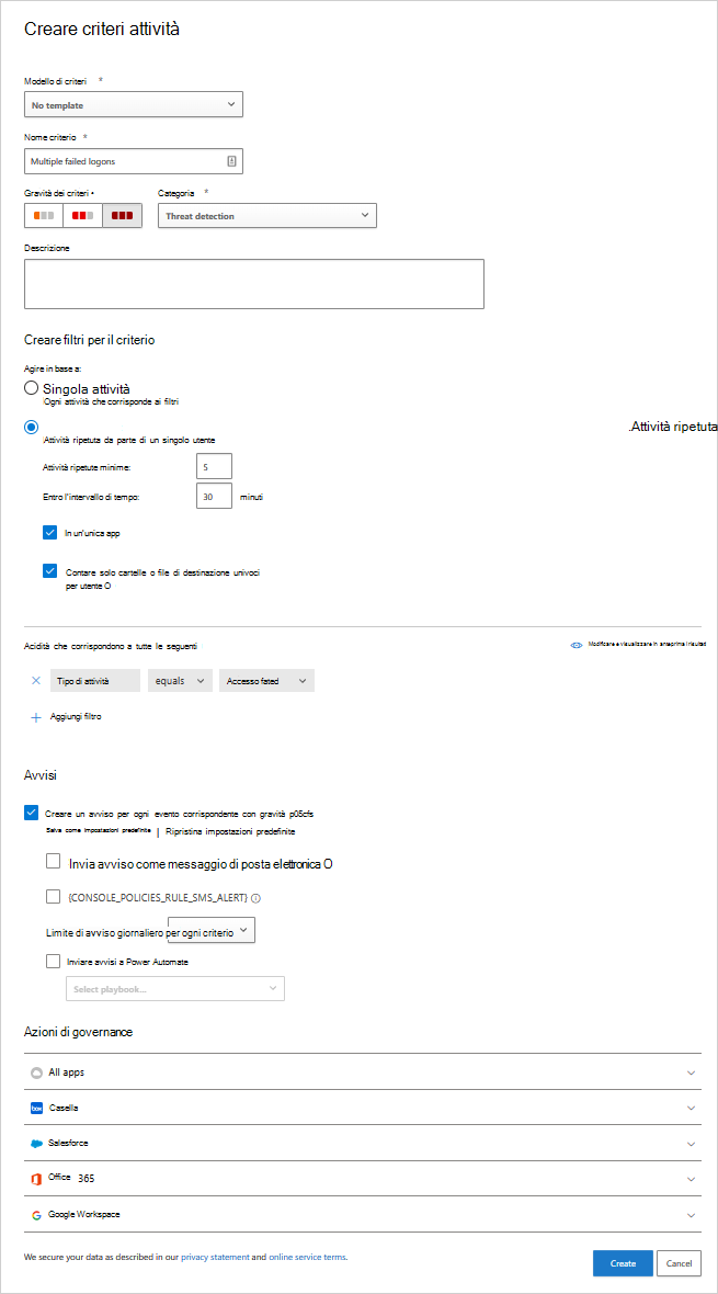 Screenshot di un criterio configurato per rilevare più tentativi di accesso non riusciti entro un periodo di tempo impostato.