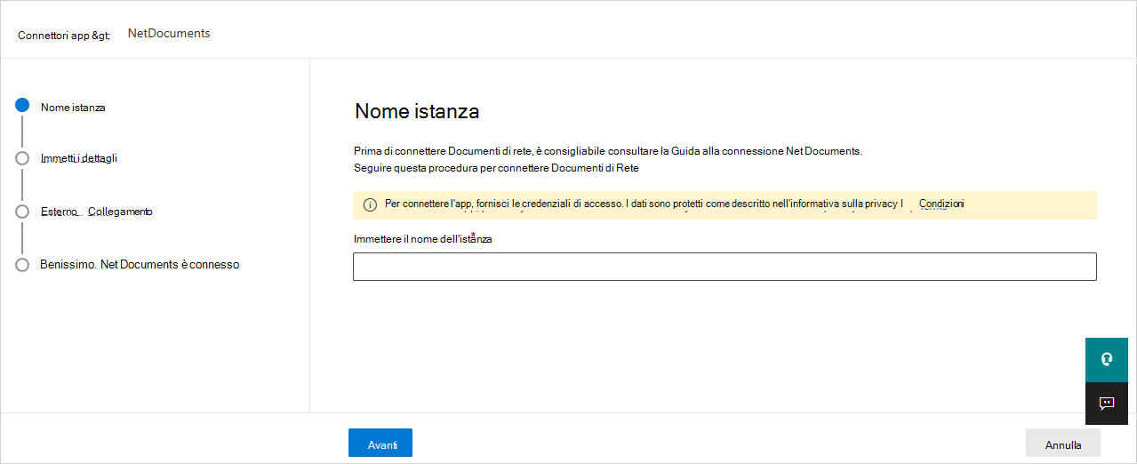Screenshot della schermata di connessione NetDocuments che richiede all'utente di assegnare un nome al connettore.