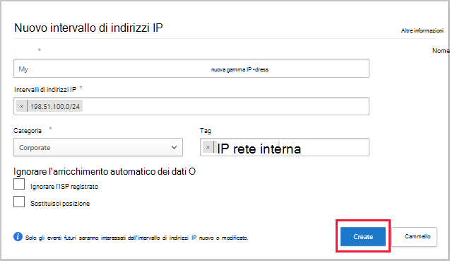 Screenshot che mostra la finestra di dialogo per creare un nuovo intervallo di indirizzi IP in Defender for Cloud Apps.