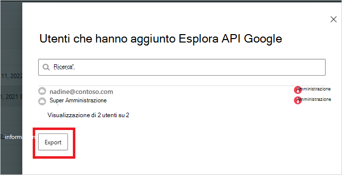Schermata della finestra popup Autorizzate dagli utenti con il pulsante Esporta per i dati di audit dell'app OAuth.