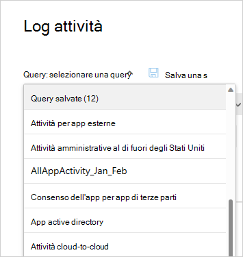 Screenshot dell'elenco Query salvate in cui si seleziona una query di attività salvata in precedenza da riutilizzare.