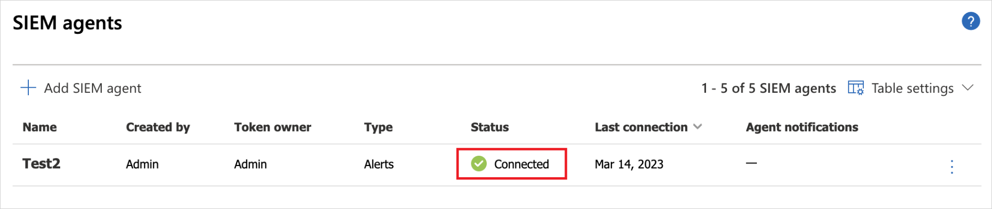 Screenshot dello stato di integrazione SIEM che mostra che la connessione dell'agente è connessa.