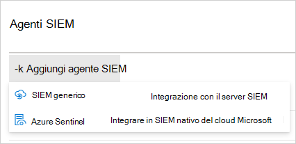 Screenshot della pagina agenti SIEM in Defender for Cloud Apps che mostra l'opzione Aggiungi agente SIEM con Sentinel selezionata.