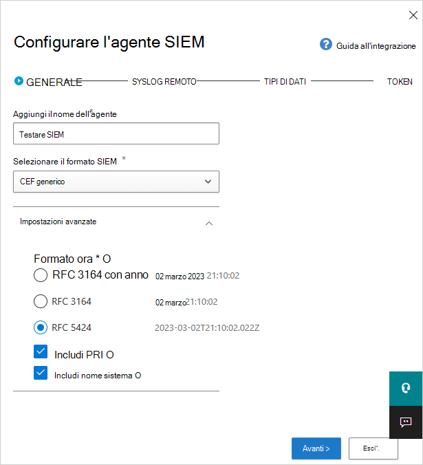 Screenshot della pagina Impostazioni SIEM generali con campi per nome, formato SIEM e configurazione avanzata.