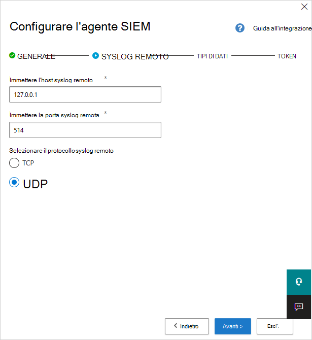 Screenshot della pagina Impostazioni Syslog remote con i campi per host, porta e protocollo per l'inoltro SIEM.