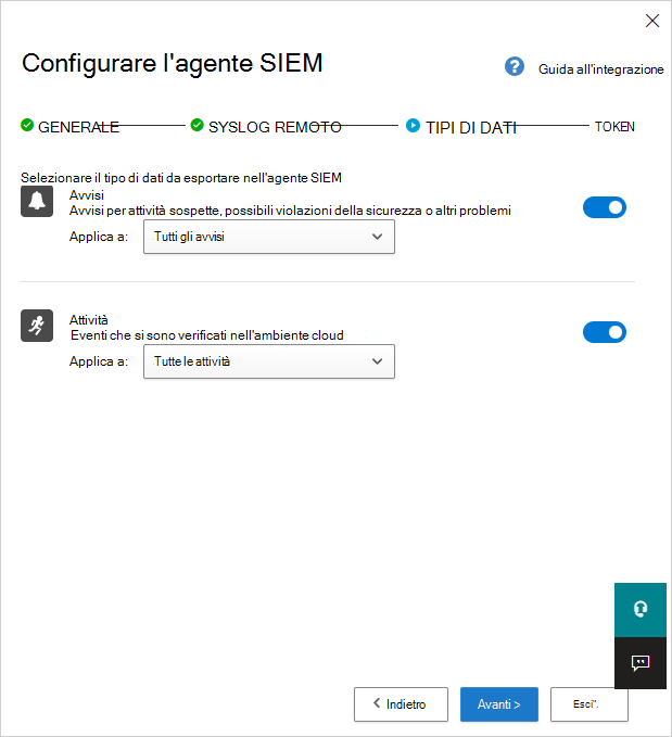 Schermata della pagina delle impostazioni dei tipi di dati che mostra quali dati relativi ad avvisi e attività possono essere esportati nel server SIEM.