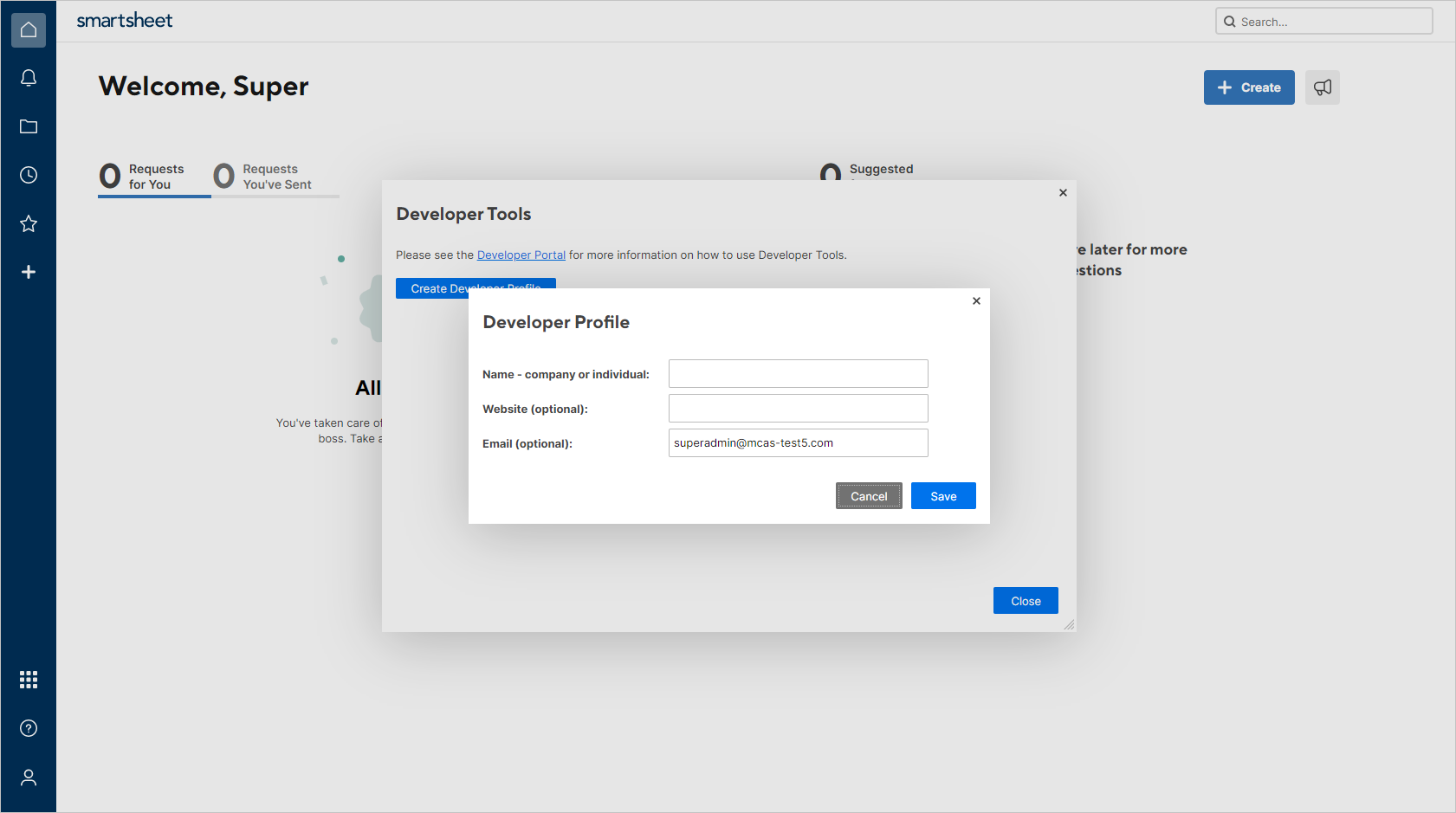 Screenshot del modulo Crea Profilo Sviluppatore con campi per inserire nome e indirizzo email.