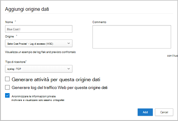 Screenshot della finestra di dialogo Aggiungi sorgente dati con campi per nome, sorgente e tipo di ricevitore.