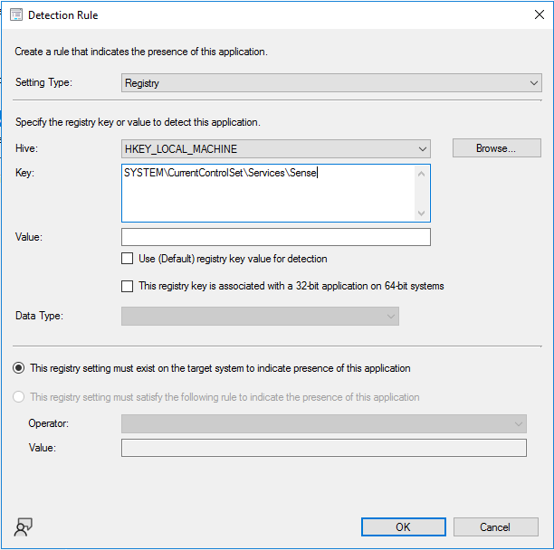Screenshot della finestra di dialogo Detection Rule con la chiave di registro del servizio Sense configurata.