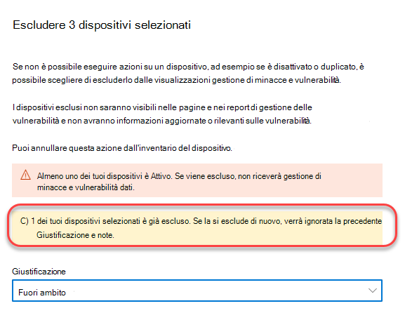 Schermata dell’esclusione in blocco dei dispositivi che mostra più dispositivi selezionati.