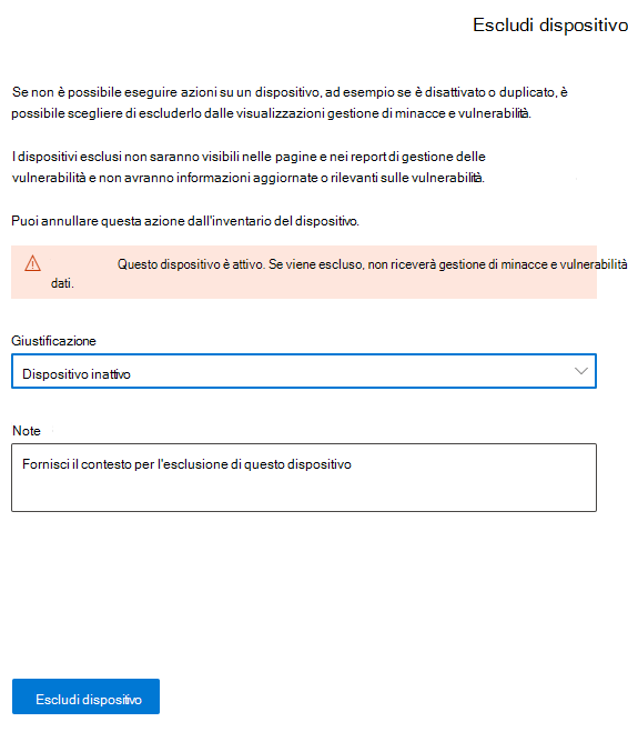 Schermata della finestra di dialogo per l'esclusione del dispositivo con le opzioni di motivazione.