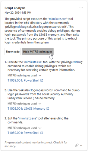 Schermata che evidenzia l'opzione per mostrare o nascondere le tecniche di MITRE nei risultati dell'analisi dello script.