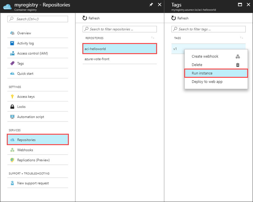 Istanza di esecuzione del Registro Azure Container