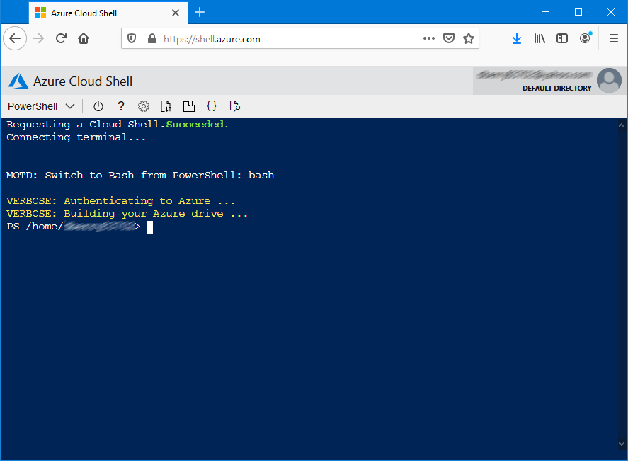 Schermata di Azure Cloud Shell che viene eseguita in un browser