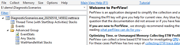 Screenshot dell'apertura di un nettrace in PerfView