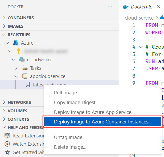 Visual Studio Code - Docker: Distribuire un'immagine in Istanze di Azure Container