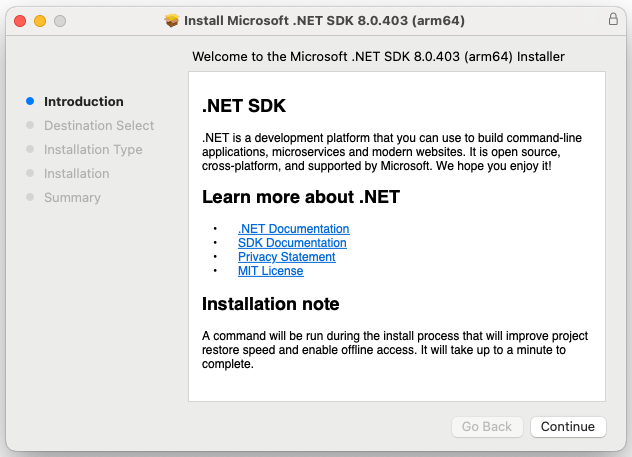 A screenshot che mostra solo il programma di installazione .NET in esecuzione in macOS.