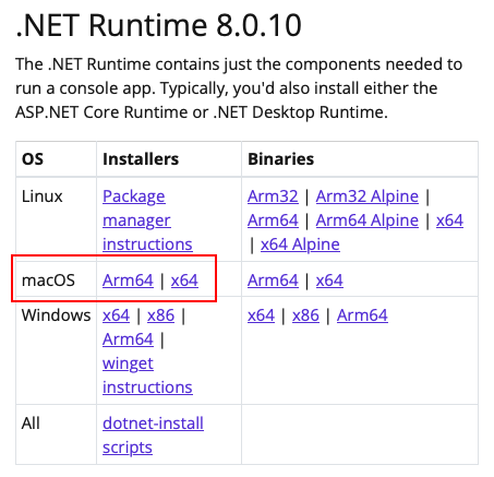 A screenshot che mostra solo la tabella di download .NET Runtime dal sito Web di download di .NET. La riga macOS è evidenziata con una casella rossa.