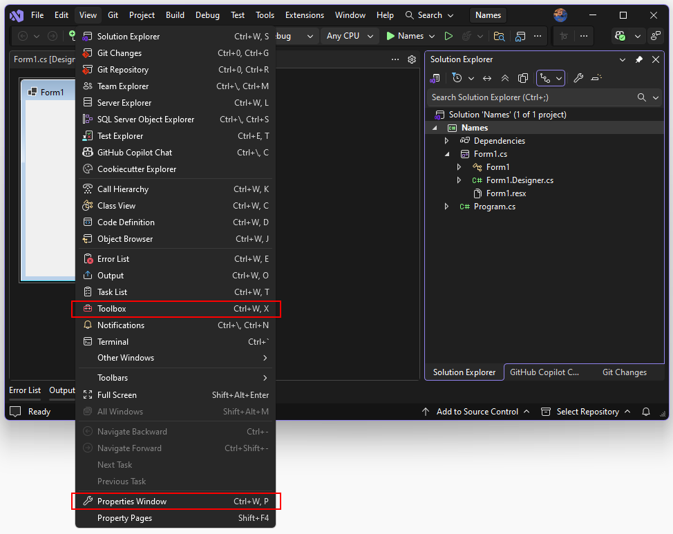 Menu Visualizza con l'elemento della casella degli strumenti e la finestra delle proprietà evidenziati in un progetto Windows Forms di Visual Studio 2026.