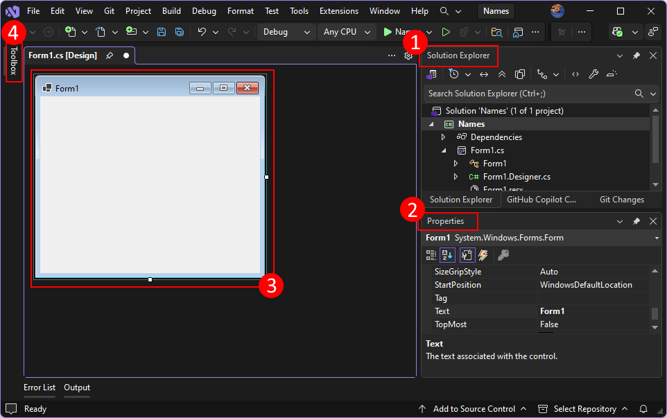  Componenti importanti di Visual Studio 2026 è necessario sapere quando si crea un progetto di Windows Forms per .NET.