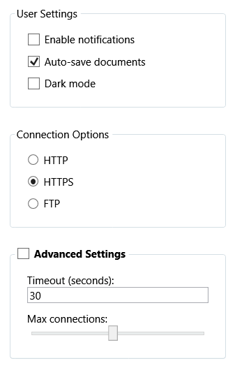 Screenshot di tre controlli GroupBox che illustrano il raggruppamento di controlli simili in base alla funzione.