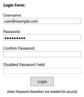 Screenshot che mostra più campi di immissione di testo, di cui uno utilizza una maschera per password.