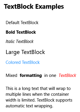 Screenshot di un'app WPF che mostra stili TextBlock diversi.