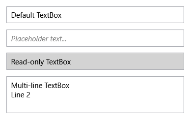 Screenshot di quattro controlli TextBox che illustrano stati diversi.