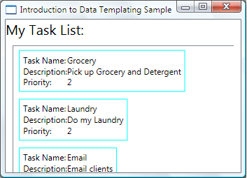 Screenshot della finestra Introduction to Data Templating Sample (Introduzione all'esempio di modelli di dati) che mostra il My Task List ListBox con il DataTemplate modificato.