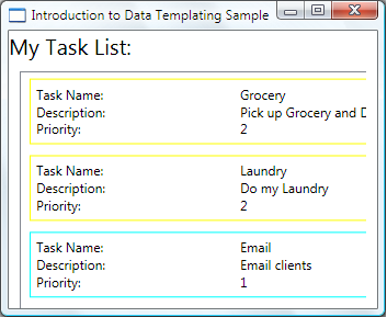 Screenshot della finestra Introduction to Data Templating Sample che mostra la My Task List ListBox con i bordi delle attività home e office evidenziati a colori.