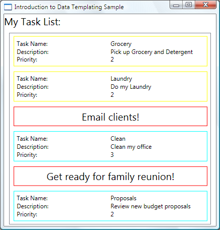 Screenshot della finestra Introduction to Data Templating Sample (Introduzione all'esempio di modelli di dati) che mostra la casella Elenco attività personali con le attività con priorità 1 visualizzate in modo evidente con un bordo rosso.
