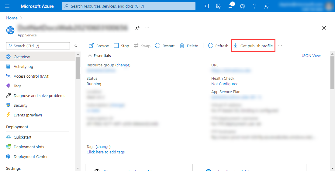 Portale di Azure, risorsa App Service: ottenere il profilo di pubblicazione