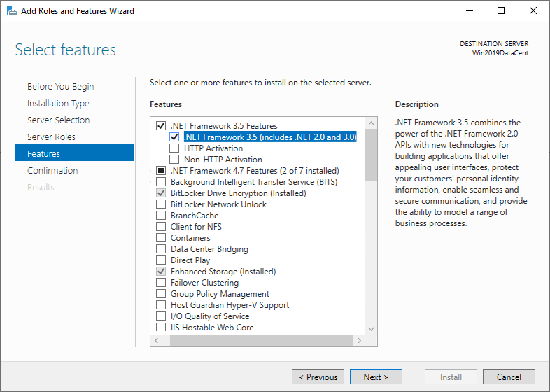 Finestra di dialogo Aggiungi ruoli e funzionalità guidata da Windows Server. È selezionata l'opzione .NET Framework 3.5.