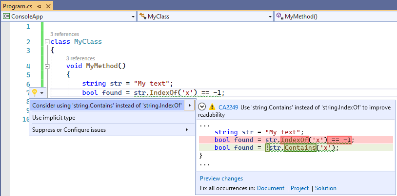 Correzione del codice per CA2249 - Prendere in considerazione l'uso di 'string.Contains' invece di 'string.IndexOf'