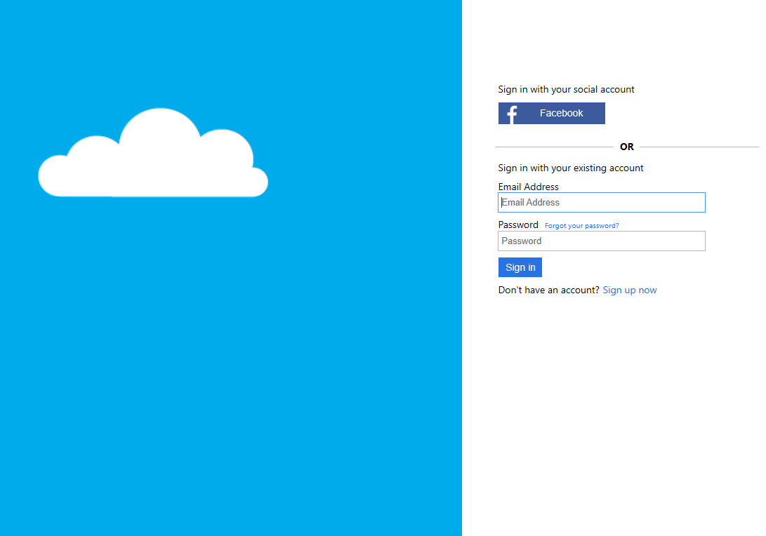 Screenshot of the default sign-in screen with a social identity provider sign-in button displayed.