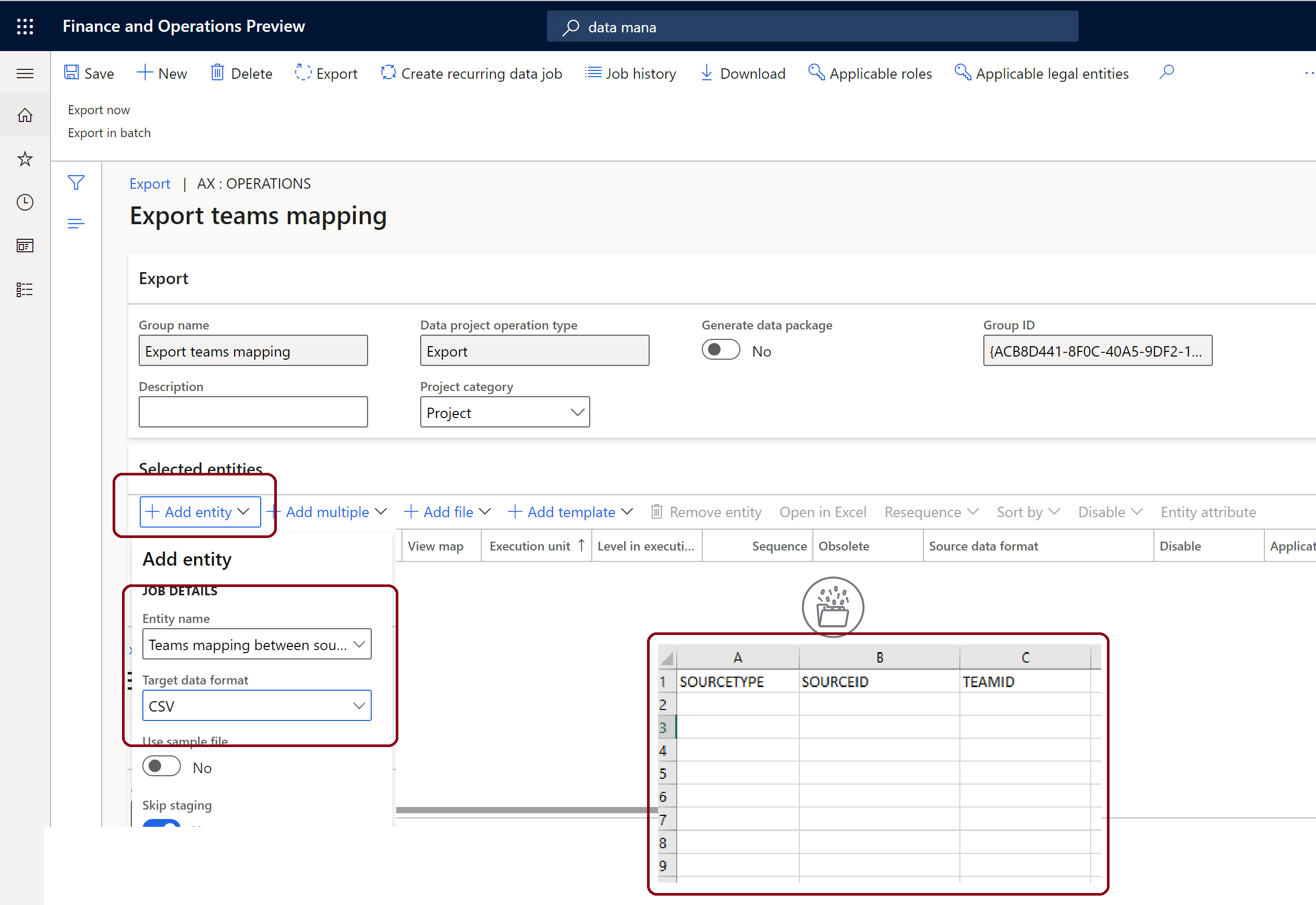 Screenshot del gruppo Esporta mapping di Teams in Commerce con gli elementi Aggiungi entità e le intestazioni del file CSV esportato evidenziate.