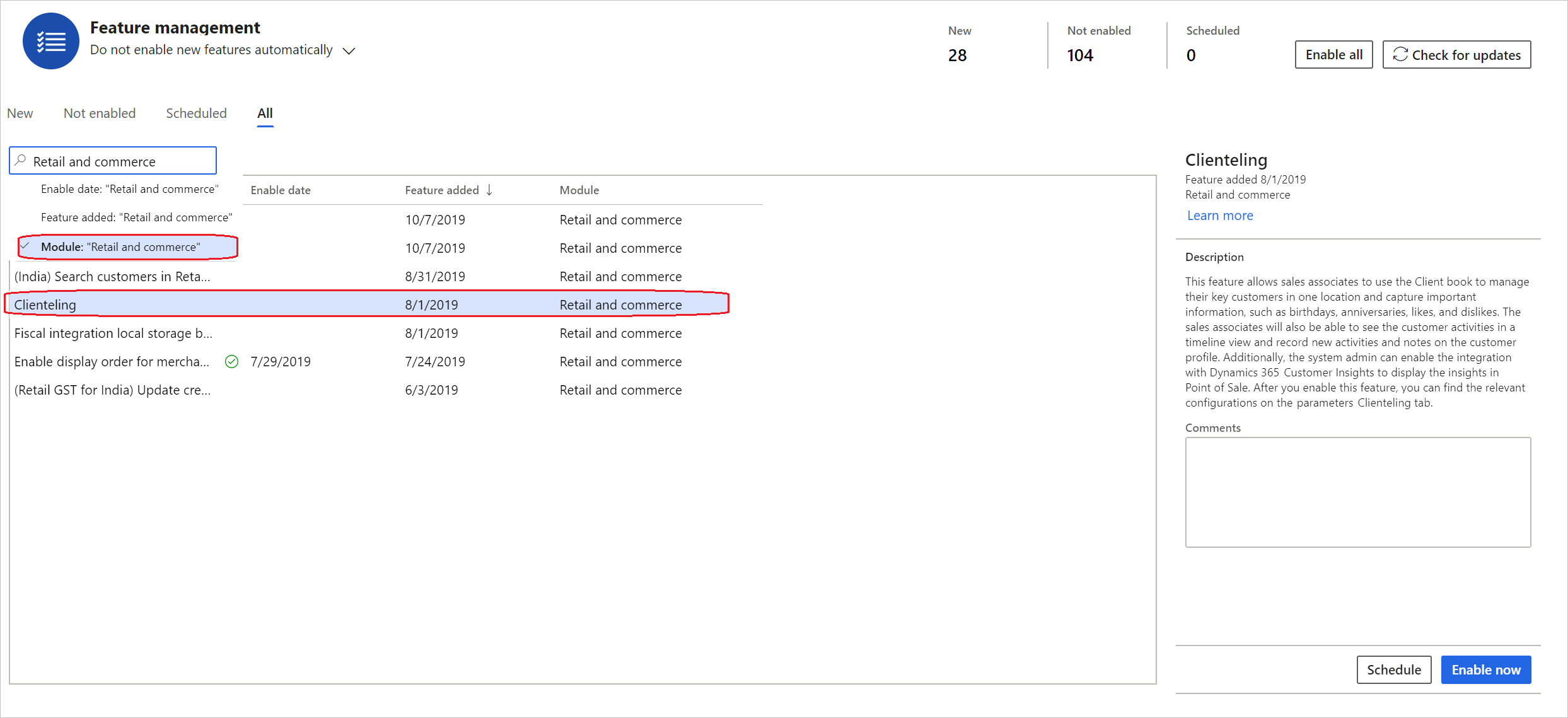 Screenshot of the Clienteling feature in the list of features for the Retail and commerce module.