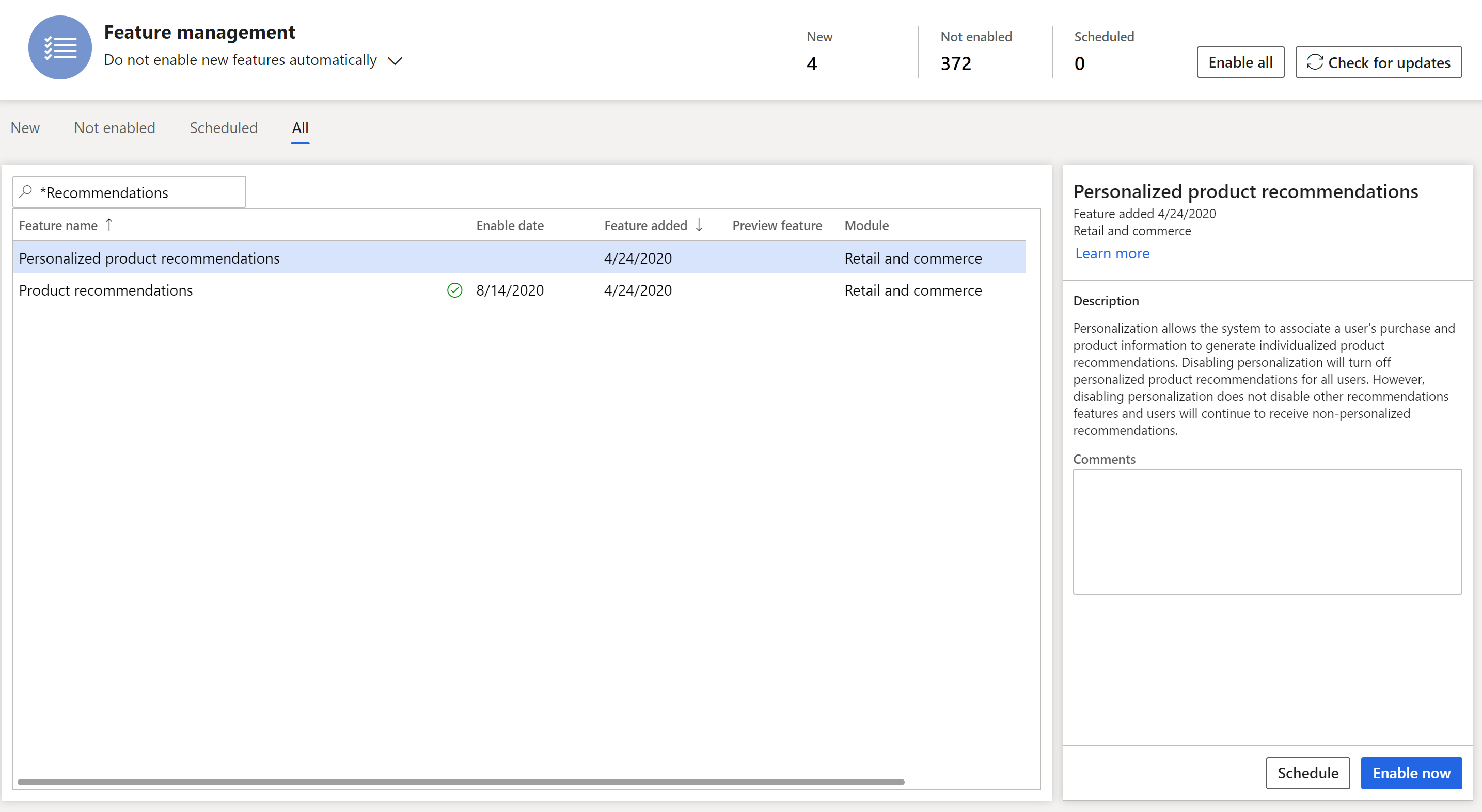 Screenshot dell'attivazione della personalizzazione in Gestione funzionalità.