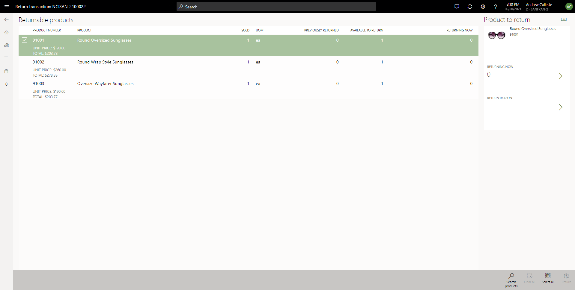Screenshot della pagina dei prodotti restituiti.
