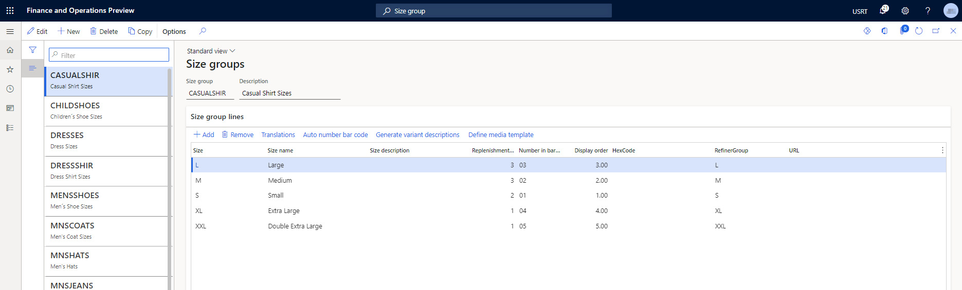 Screenshot di gruppo di dimensioni per taglie di camicie casual.
