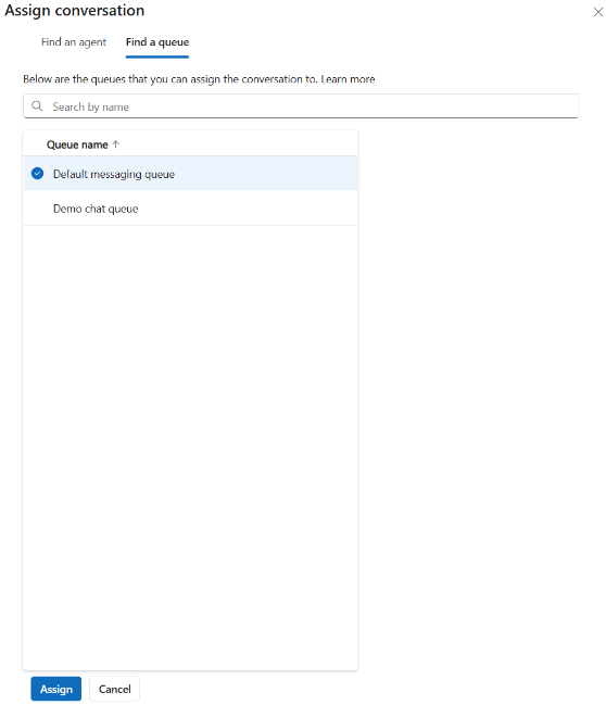 Screenshot della finestra di dialogo Assegna conversazione con l'opzione Trova una coda