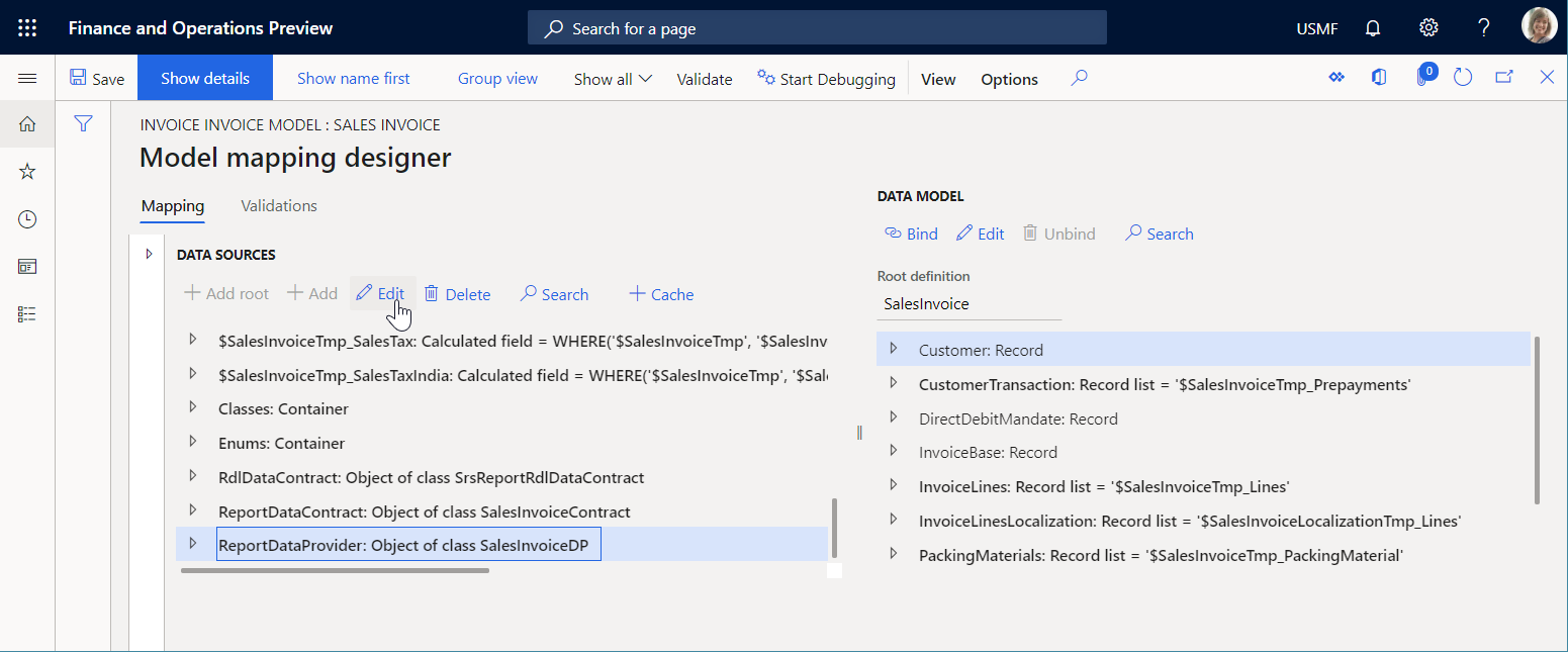 Screenshot of selecting Edit to change the properties of a selected data source.