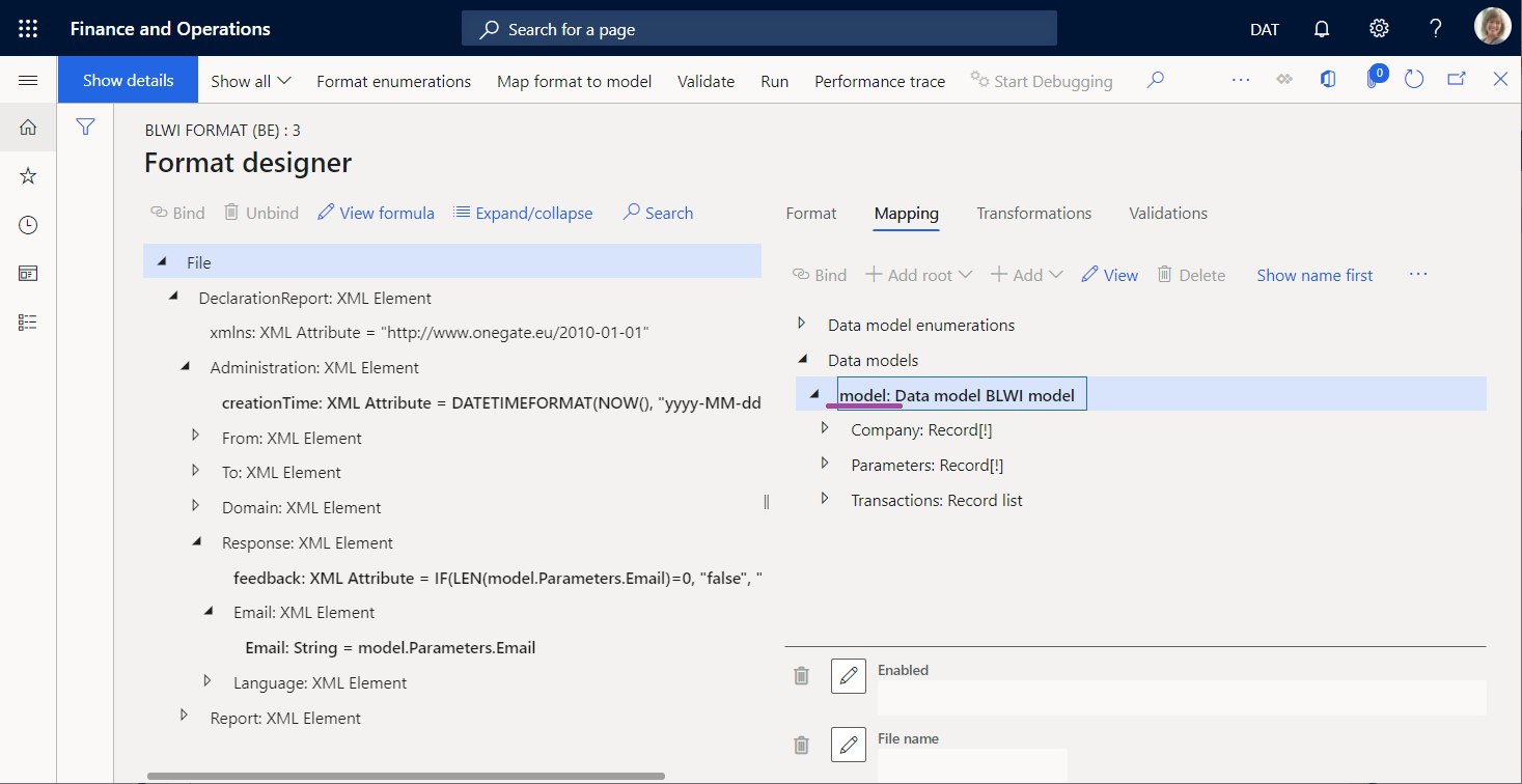 Screenshot of the ER format designer showing the list of data sources of the 'BLWI format (BE)' configuration that includes the 'model' data source.