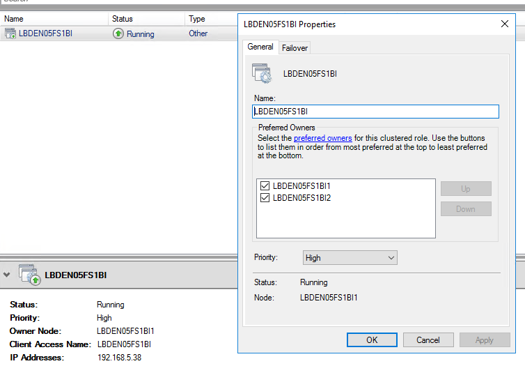 Screenshot of an example Windows failover cluster configuration.