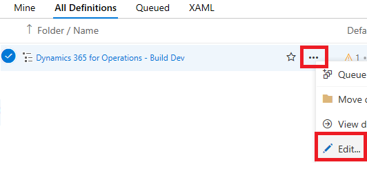 Screenshot of the Edit option for the build definition in Azure DevOps.